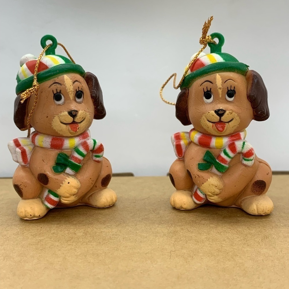 Vintage WA Plastics Dog with Candy Cane Ornaments made in Hong Kong 1985